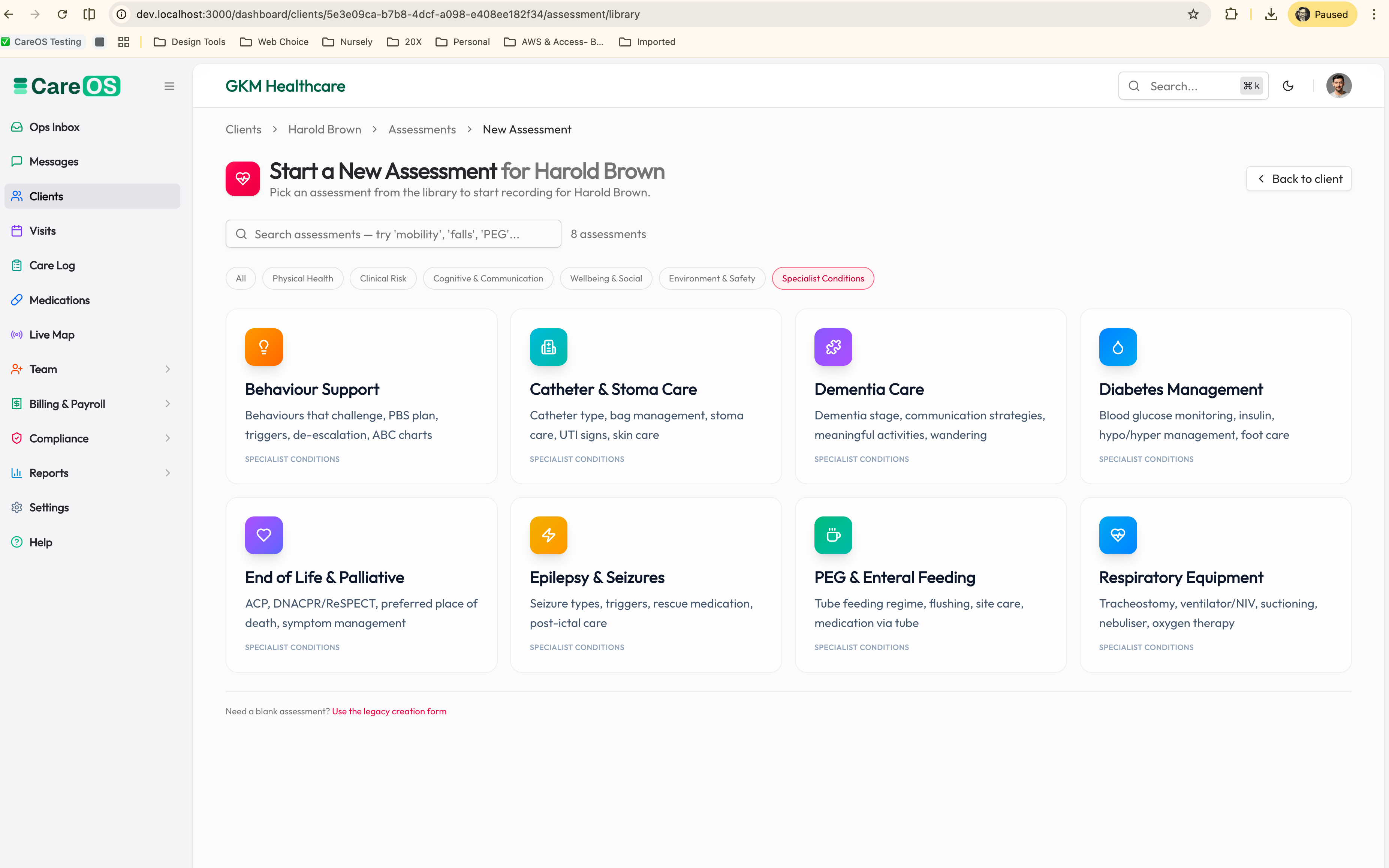 A digital care assessment in CareOS, with linked risks and review dates